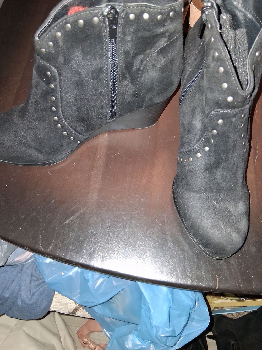 No Parking. Linnett Black Suede Wedge Ankle Boots with Stud Detail